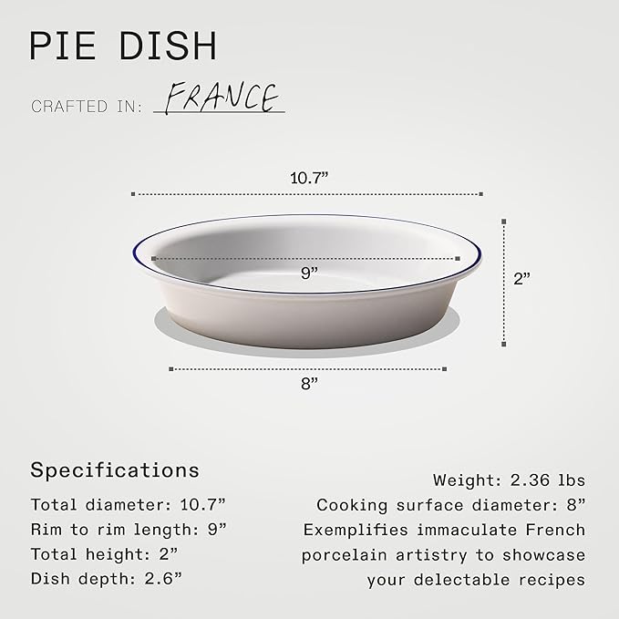 Made In Cookware - 9" Pie Dish - Navy Rim - Hand Crafted Porcelain - Professional Bakeware France