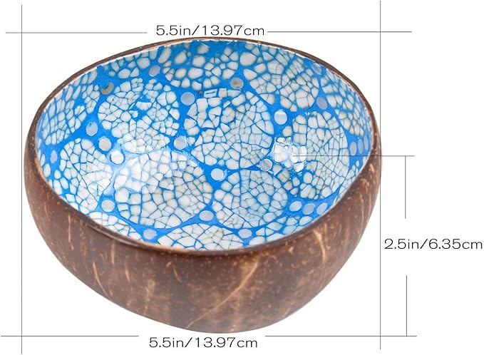 ChezMax Natural Coconut Bowl with Mother of Pearl Inlaid Shell - Handcrafted Home Decoration, Entryway Table Key Bowl or Candy Container, Fruit and Nuts Holder (Blue)