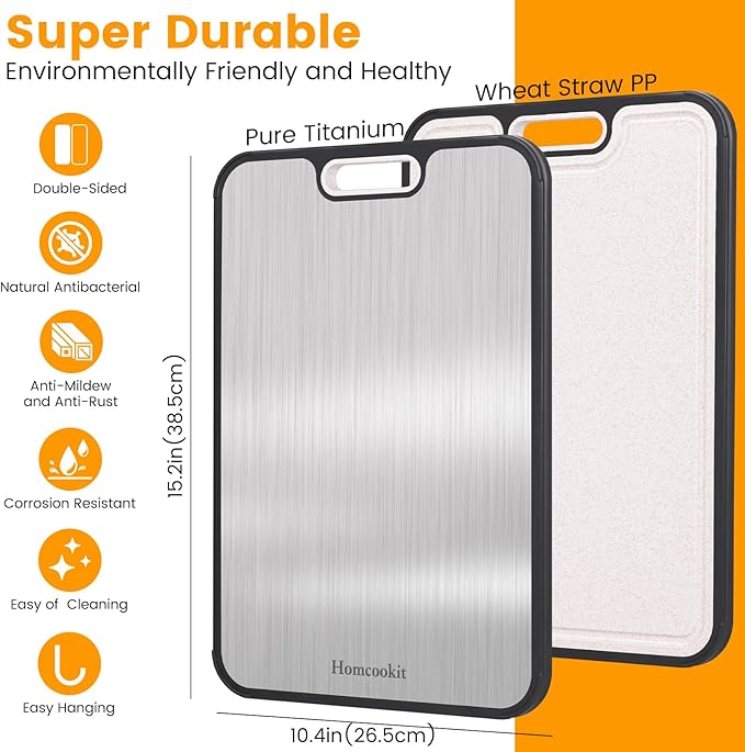 Titanium Cutting Board for Kitchen, Double Sided Cutting Board,Pure Titanium and Wheat Straw PP, Easy Clean, Non-Slip Edge,Large Size 16” x 11”