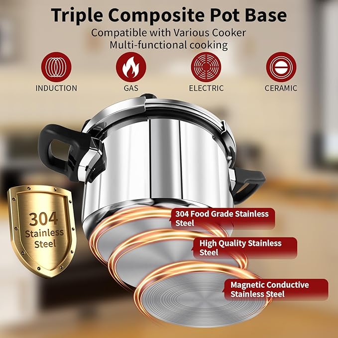 Pressure Cooker Stainless Steel 8 Qt, Commercial Stove Top Pressure Cooker Pot, One-Hand Locking, Compatible with Gas & Induction, Fast Cooking for Large Meals, Dishwasher Safe, PETERBOO