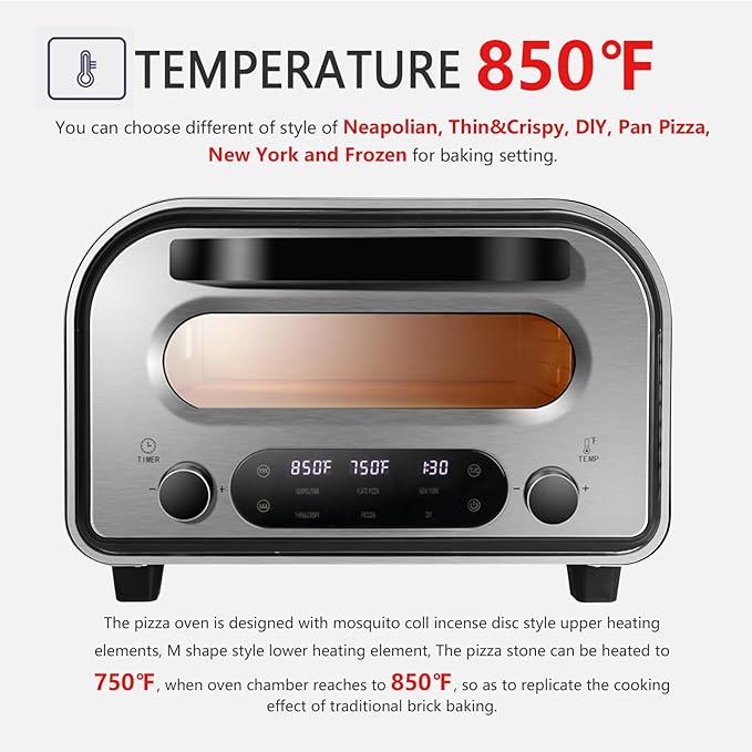 QERPRE Electric Pizza Oven Indoor 1700W Countertop Pizza Maker Fast Heating up to 850°F Touchscreen 6 Preset Modes Adjustable Timer & Temp Knobs Used for Commercial & Home Kitchen in Silver