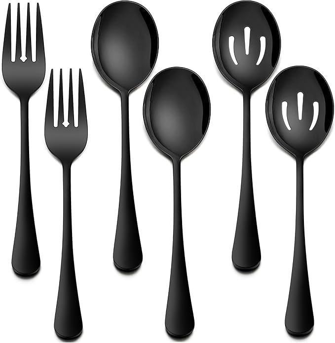 Homikit Large Black Serving Spoons Forks Set of 6, Stainless Steel Serving Utensils for Catering Buffet Banquet Party Kitchen Restaurant, 9.8 Inch Big Metal Hostess Set, Dishwasher Safe