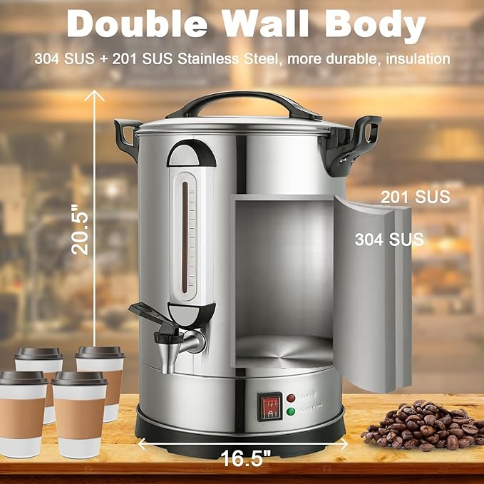 Coffee Percolator Large Coffee Maker 155 Cups Commercial Coffee Urn Electric Industrial Coffee Maker Hot Water Dispenser Machine for Catering, Church, Restaurant Dual Layer Stainless Steel 1500W 120V