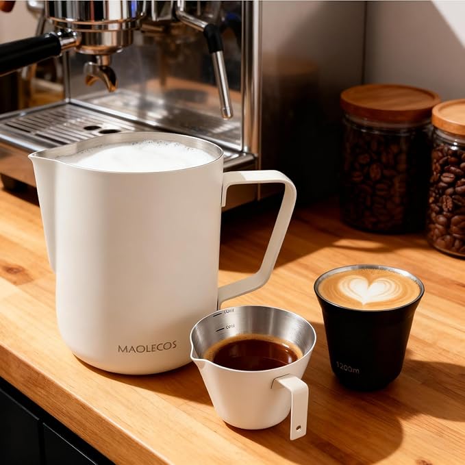 Milk Frothing Pitcher - 20 OZ Metal Milk Frother Pitcher Jug Stainless Steel Steaming Pitcher, Espresso Measuring Cups with Handle Scale, Stainless Steel Espresso Cups Kit for Coffee maker
