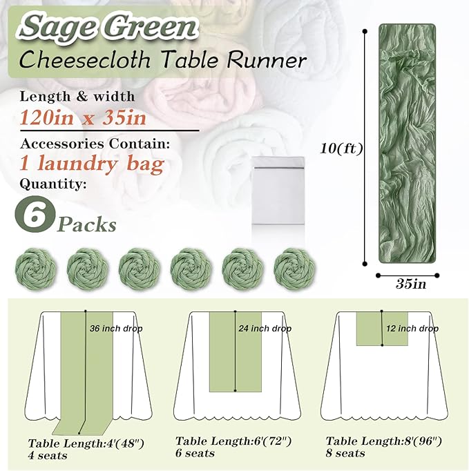 Sage Green Cheesecloth Table Runner, 6 Pack 35" Boho Gauze Runner 120 inches Long Sheer Rustic Table Runner Fabric Bulk for Baby Shower Wedding Bridal Birthday Party Table Decorations