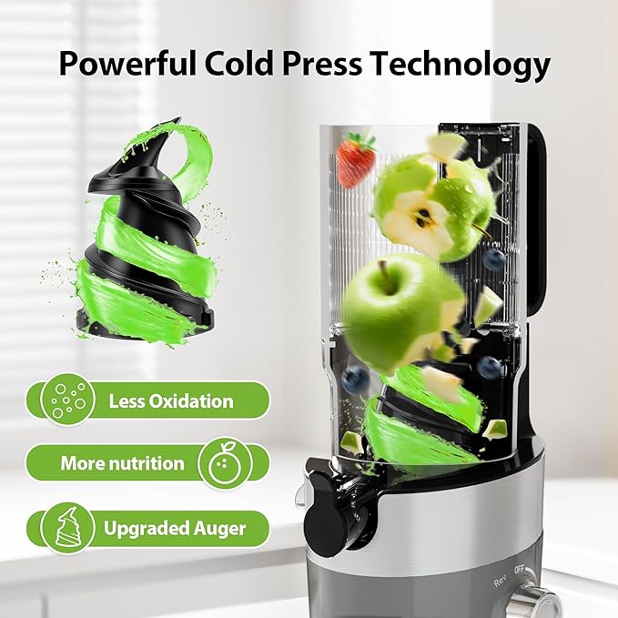 Juicer Machines For Whole Fruits, Aeitto Cold Press Juicer with Large Feed Chute, Self Feeding Slow Masticating Juicers, Easy to Assemble, Easy to Clean & Use, High Juice Yield