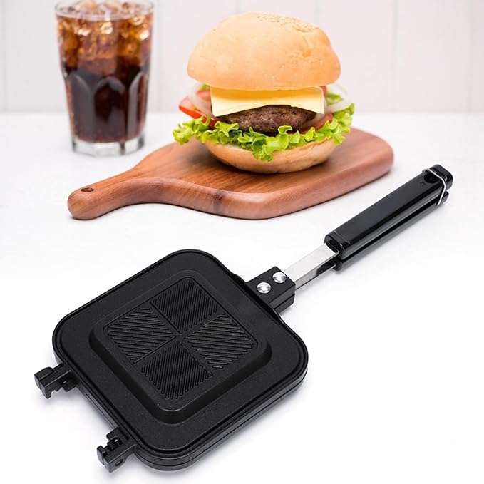 Hot Sandwich Panini Maker with Handle, NonStick Double Sided Frying Pan Grilled Sandwich Maker, Stovetop Toasted Sandwich Press for Home, Kitchen, Breakfast