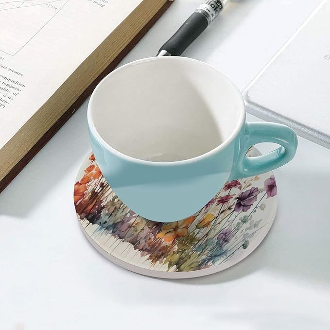 Floral Drink Coasters, Round Ceramic Drink Coaster Round-4PCS, Watercolour Abstract Floral Beautiful Florets Design Decor Absorbent Ceramic Coasters for Beverage Cup, Bar, Coffee Table