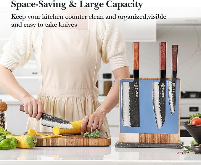 HEZHEN Double-sided Magnetic Knife Holder without Knives, Acacia Wood Knife Block with Leather Cover, Space-saving Knife Storage, Strong Enhanced Magnets Strip, Non-slip Marble Base