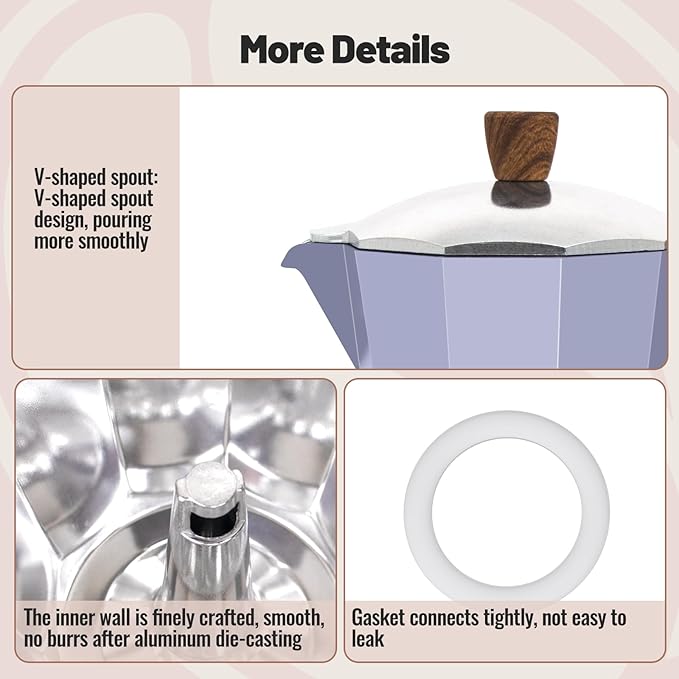 Vaolvpant 6 Cup Aluminum Moka Pot Classic Stovetop Espresso Coffee Maker 300ml 10oz Coffeemaker Percolator Mocha Pot Greca Coffee Maker Cafe Makers for Italian and Cuban Café Brewing Purple