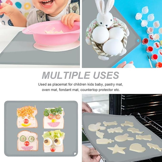 KVK Silicone Placemats for Toddlers Thicker Version, Non-Slip Reusable Kids Placemats for Dining Table, Stain-Proof Baby Table Mat for Restaurants 4 Packs (Light Gray&Beige)