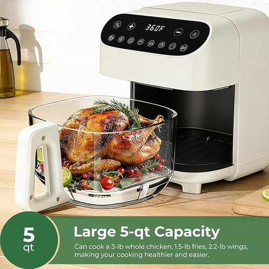 Havato 5 Quart Glass Air Fryer, Non-Toxic High Borosilicate Glass Basket with No Coating, Air Fryer Oven with 8 Preset Modes, PTFE/PFAS Free, Visible Window, Dishwasher Safe, White
