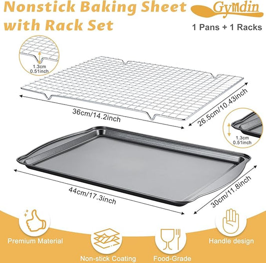 Gymdin Baking Sheet with Cooling Rack - 17" x 11" x 0.5" Carbon Steel Cookie Sheet for Baking [1 Sheet + 1 Rack], Nonstick Baking Pan, Perfect for Baking, Roasting, and More