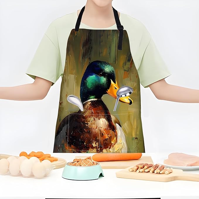Artistic Mallard Duck Apron,Adjustable Waterproof Oxford Fabric Kitchen Apron with 2 Pockets for Men and Women, Cooking, Baking, BBQ, Coffee Shop, Housewarming Gifts, 28x33 Inches