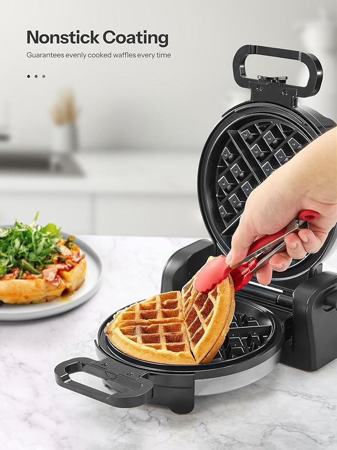 Reemix Waffle Maker, 180° Rotating Belgian Waffle Maker Round Classic Belgian 4-Piece, Evenly Baked | Non-Stick | Fast Preheat, Black+Silver