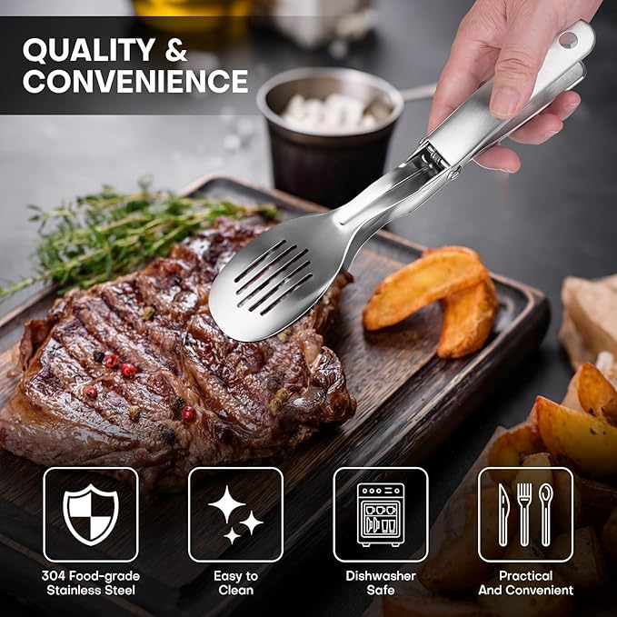 Nezylaf Kitchen Tongs 10.8" Stainless Steel, Heat Resistant 600°C | Perfect for BBQ, Cooking, Serving Tongs & Salad Tongs | Spring-Loaded Design