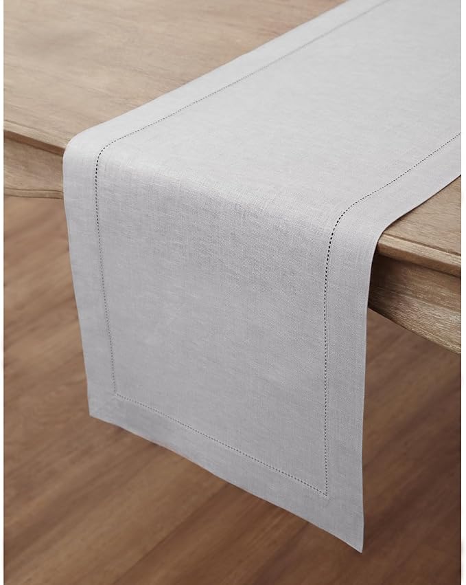 Solino Home Linen Soft Grey Table Runner 144 Inches Long - 100% Pure Linen Extra Long Table Runner 14 x 144 Inch for Spring, Easter - Classic Hemstitch