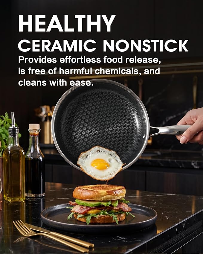Non Stick Frying Pan 12 Inch with Lid, Hybrid Nonstick Stainless Steel Skillet Pan with Stay-cooling Handle, PFOA Free Non Toxic Dishwash & Oven Safe Kithchen Cookware Set Compatible All Cooktops