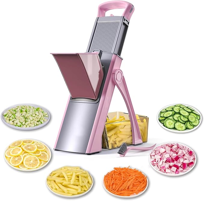 Multifunctional Mandoline Slicer, Adjustable Vegetable Chopper with 4 Cutting Modes, Extra Large Feed Slot, Foldable, Hand-Safe, Dishwasher Safe, for Commercial & Home Kitchen Use (Pink)