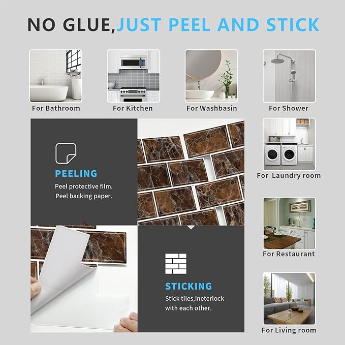 URCOLOR 10-Sheet Peel and Stick backsplash for Kitchen,12"x12" Self Adhesive Wall Tile on Back Splashes for Bathroom Brown Marble