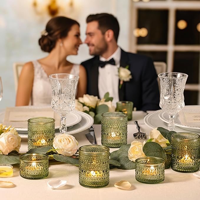 Green Votive Candle Holders Set of 24, Assorted Heights Polka Dot Tealight Candle Holders for Table Centerpiece, Green Glass Candle Holder Decor for Wedding, Party & Home Decor