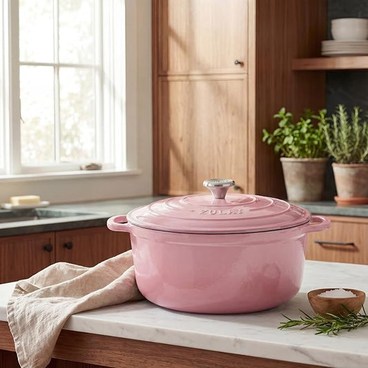 Zulay Kitchen 7.7 Quart Enameled Cast Iron Dutch Oven Pot with Lid – Premium Durability & Oven Safe up to 500°F – Heavy Duty Cookware Perfect for Bread Baking, Stews, Braising & Roasting – Pink