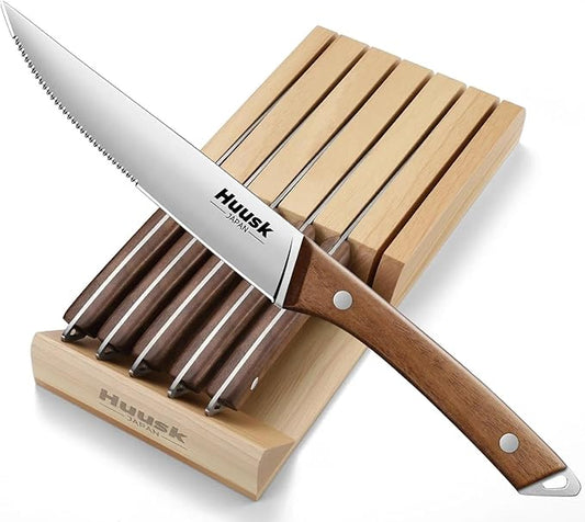 Huusk Steak Knives Set of 6 with Drawer Organizer-4.5 in Japanese Serrated Steak Knife Set with Block, Serrated & Straight Dual-Edge, Stainless Steel Steaks Knives with Holder, Christmas Gifts for Men