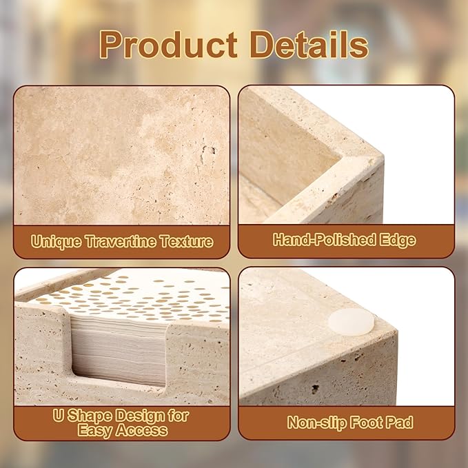 Luncheon Napkin Holder,Travertine Stone Napkin Holders Fit for 6.5”x6.5” Luncheon-Sized Napkins,Stone Napkin Holder for Table Kitchen Counter Dining Room Party Bar Decor,Beige