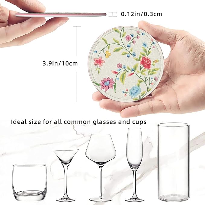 Spring Floral Leather Drink Coasters Set of 6 with Holder Round Cup Coaster for Table Decor