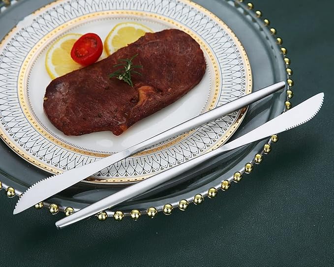 HOMQUEN Dinner Knives 6 Piece, Stainless Steel Matt Silver Dinner Knife, Sturdy butter knife, Modern Design butter knives, Dishwasher Safe (Matt Silver-8.9 Inch)