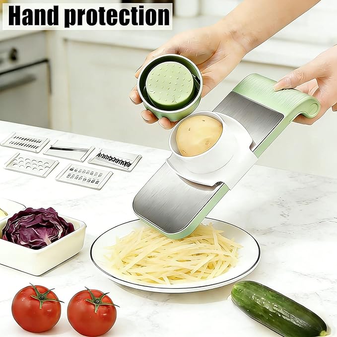 5-in-1 Mandoline Manual Food Chopper - Multifunctional Vegetable Cutter with Container, Stainless Steel Blades for Potato Slicer, Fruit Cutter, Hand Cheese Grater | Essential Kitchen Gadgets