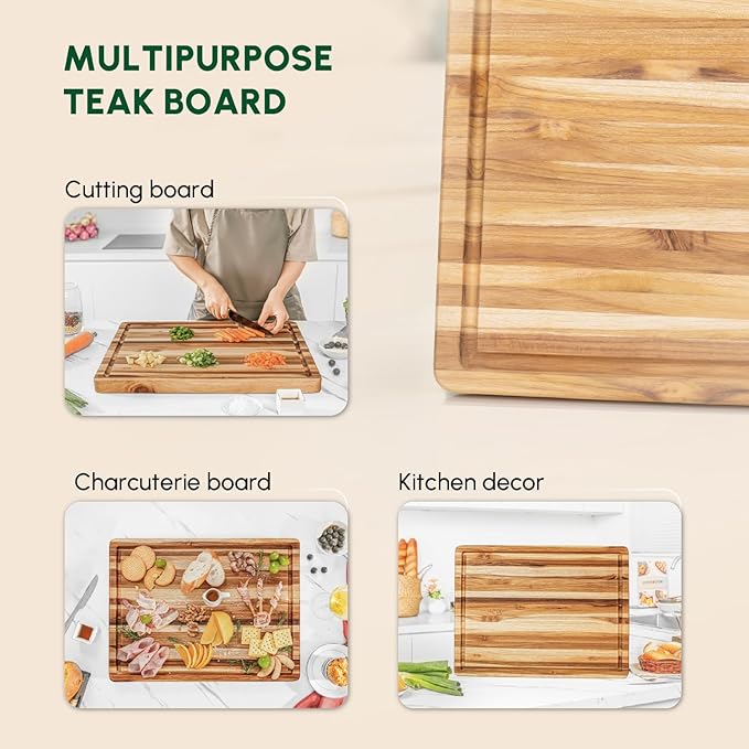 BEEFURNI Teak Wood Cutting Board with Juice Groove Hand Grip (M, 20x15x1.25"), Durable Wooden Cutting Boards for Kitchen, Butcher Block, Serving & Charcuterie Board, Christmas Gifts, 1-year Warranty