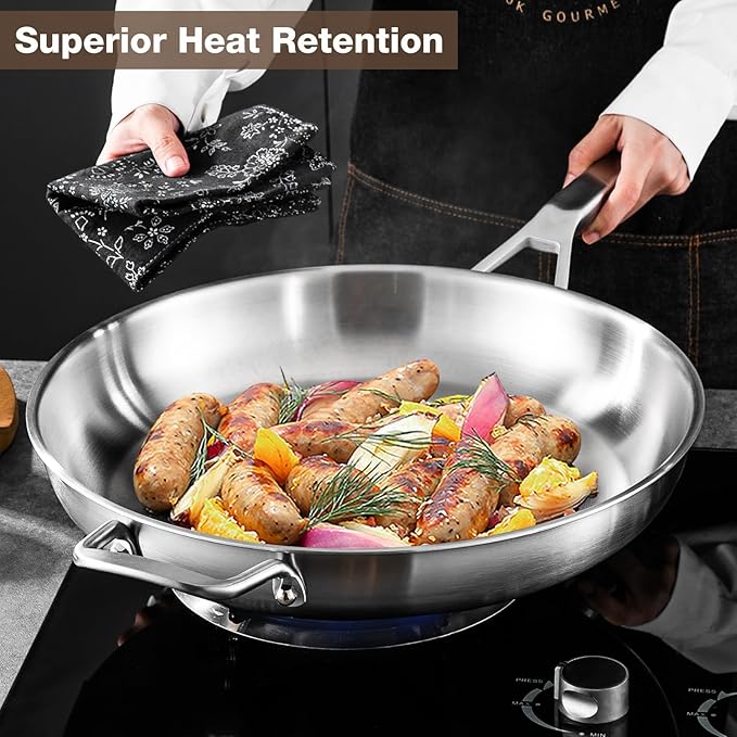 Yeksum Stainless Steel Pan,14 inch Frying Pan, Heavy Duty, Large Frying Pan, Fast & Even Heating, Up to 650°, Oven & Dishwasher Safe,Compatible with All Cooktops