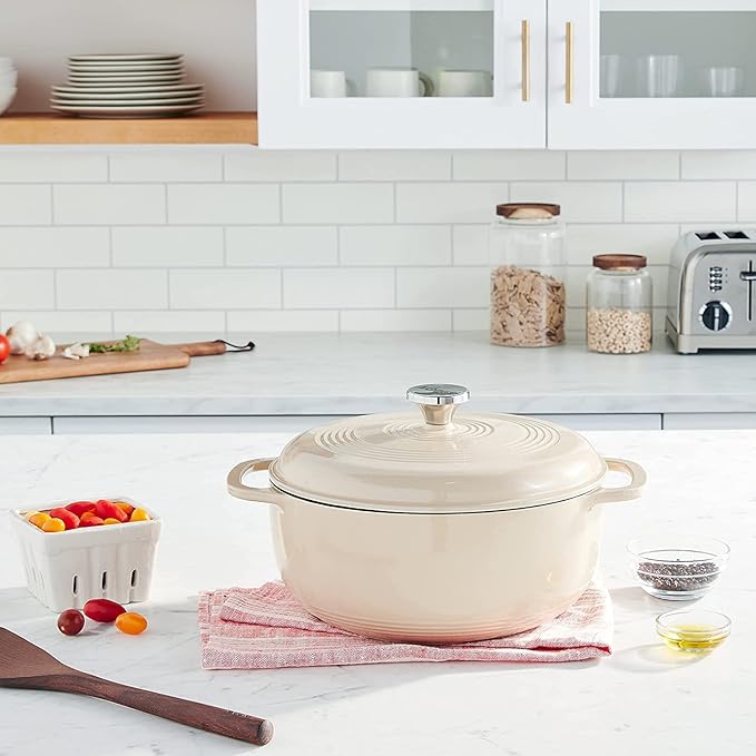 Lodge 3 Quart Enameled Cast Iron Dutch Oven with Lid – Dual Handles – Oven Safe up to 500° F or on Stovetop - Use to Marinate, Cook, Bake, Refrigerate and Serve – Sandalwood