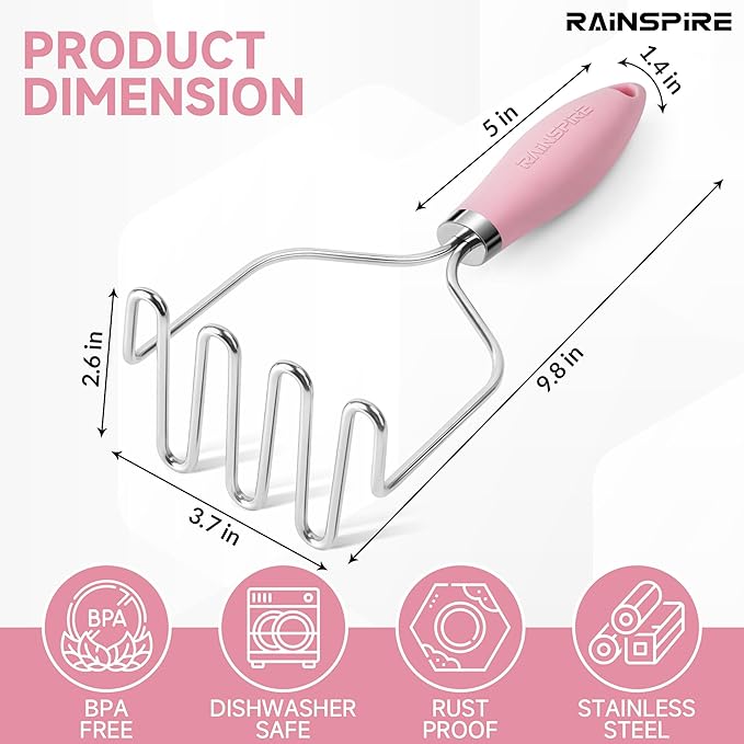 Rainspire Potato Masher Stainless Steel, Mashed Potato Masher Kitchen Tool, Durable Mash Potatoes Masher, Soft Non-slip Handle, Kitchen Utensils, Kitchen Gadgets, Pink