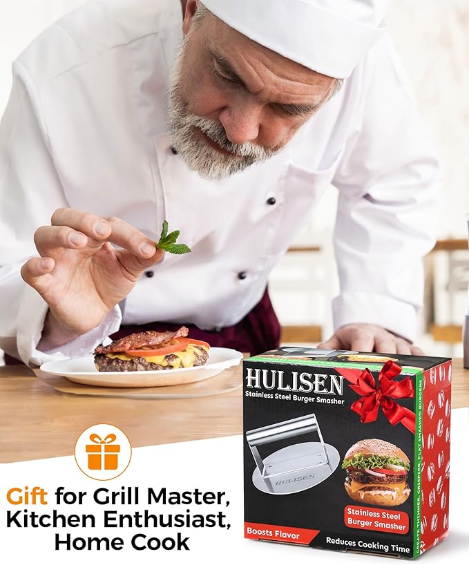 HULISEN Stainless Steel Burger Press, Burger Smasher for Griddle, 5.5 Inch Round Hamburger Grill Press for Flattening Hamburger Patty, Smashing Burger, Flat Top Grill Cooking Tool, Dishwasher Safe