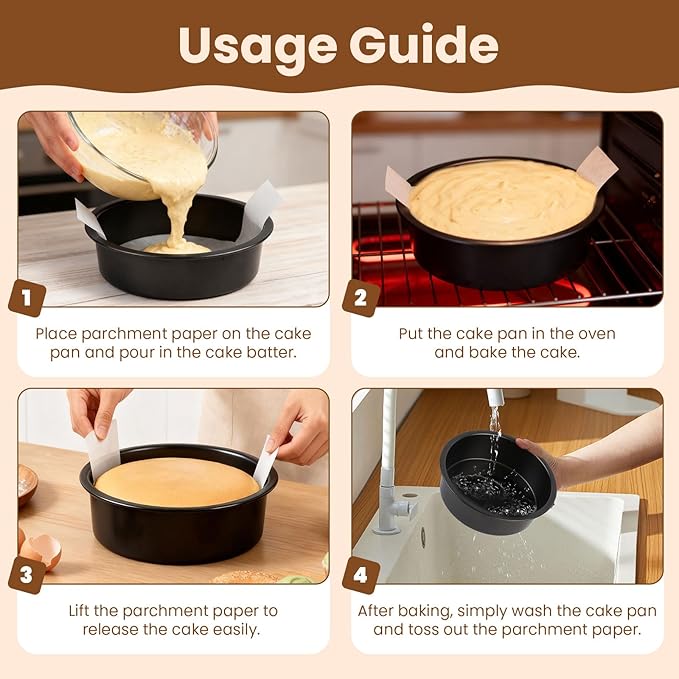 tutikuki 8 Inch Round Cake Pan Set of 3 - Nonstick Carbon Steel Cake Baking Pans with 100 PCS Parchment Paper, Dishwasher Safe, Durable for Layer Cakes, Birthday & Christmas Baking