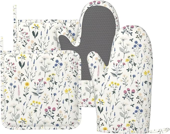Meadow Wildflower Silicone Oven Mitts and Pot Holders Sets Boho Botanical Kitchen Mitts Floral and Herb Potholder Kitchen Accessories for Cooking Baking BBQ