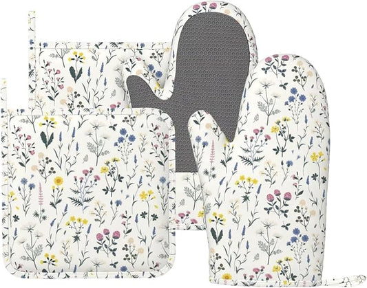 Meadow Wildflower Silicone Oven Mitts and Pot Holders Sets Boho Botanical Kitchen Mitts Floral and Herb Potholder Kitchen Accessories for Cooking Baking BBQ