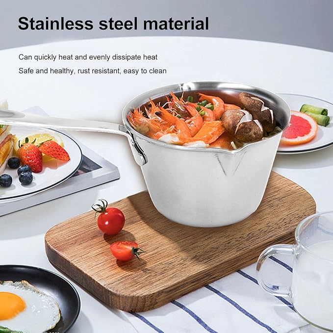 Jonlaki 304 Stainless Steel Milk Warmer Pot with Fast Heating, 2 Pour Spouts, Ideal for Melting, Chocolate, and Heating Sauces 200ML (200ML)