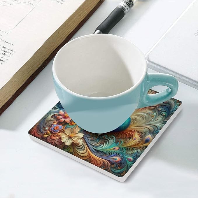 Peacock Drink Coasters, Square Ceramic Drink Coaster Square-6PCS, Beautiful Colorful Floral Peacock Art Pattren Decor Absorbent Ceramic Coasters for Beverage Cup, Bar, Coffee Table