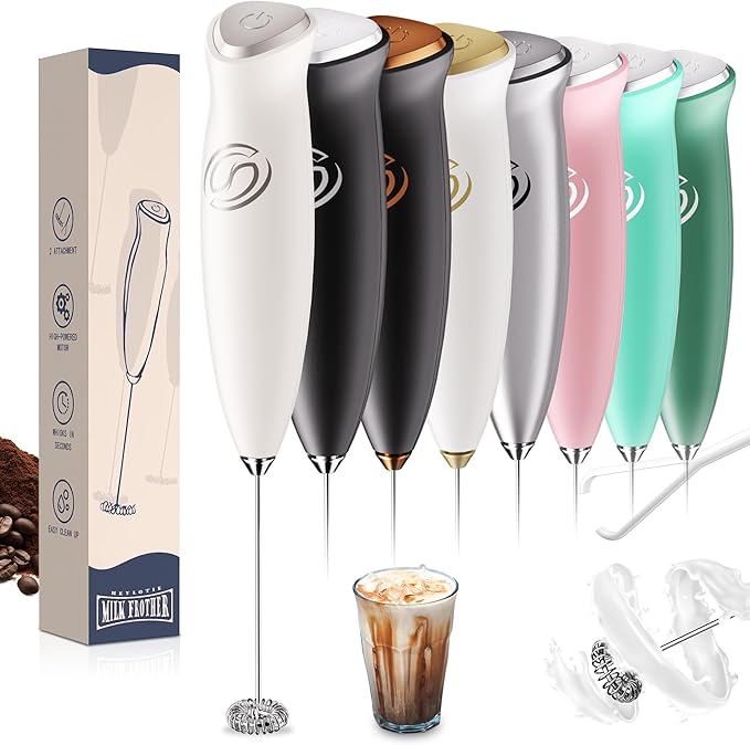 Milk Frother Handheld Frother Wand Drink Mixer Handheld Coffee Stirrers Electric Frother for Coffee Mixer Wand with 2 Whisk frother for protein powder coffee frother handheld-White
