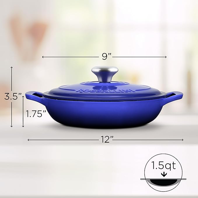 ROSSALLINI Signature Enameled Cast Iron Braiser, Non-Stick Serving Pot with Tight Fitting Lid for Perfect Roasting, Baking, Sauteing, Searing, and Pan Frying | 1.5Q (1.4L) - Indigo Blue
