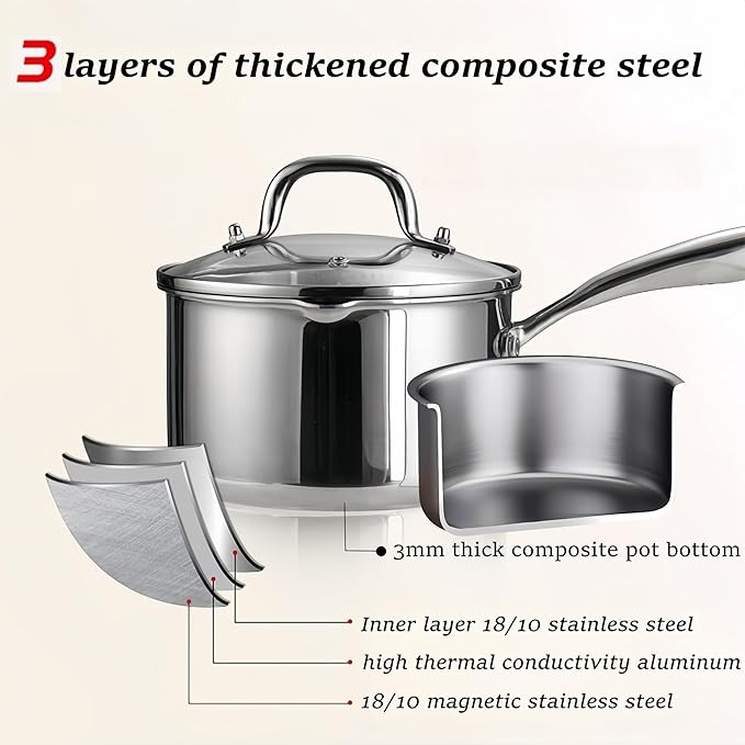 KANGXW 4.0 Quart Stainless Steel Saucepan With steamer,With Pour Spout and Filter Glass Lid Milk Pan, Sauce, Gravy, Pasta Stock Pot For All Stovetops