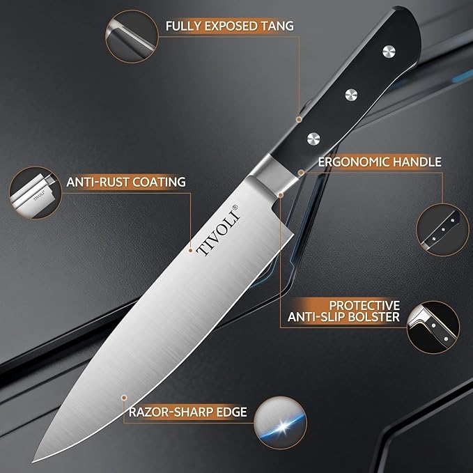 TIVOLI 2025 Knife Set 15 PCS High Carbon Stainless Steel Kitchen Knife Sets with Block & Honing Rod, Premium Razor-Sharp Black Knives Block Set for Kitchen, Ergonomic Full-Tang Handle