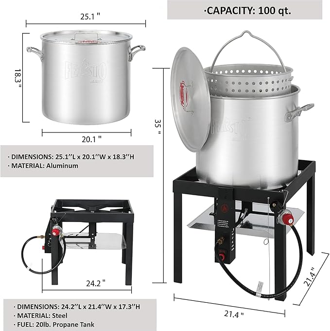 Feasto 100 QT Seafood Boil Pot with Basket and Burner, Aluminum Seafood Boil Pot and Burner Kit with 100,000 BTUs Output and 10 PSI Regulator for Cooking Crawfish, Shrimp, Crab, CSA Certified