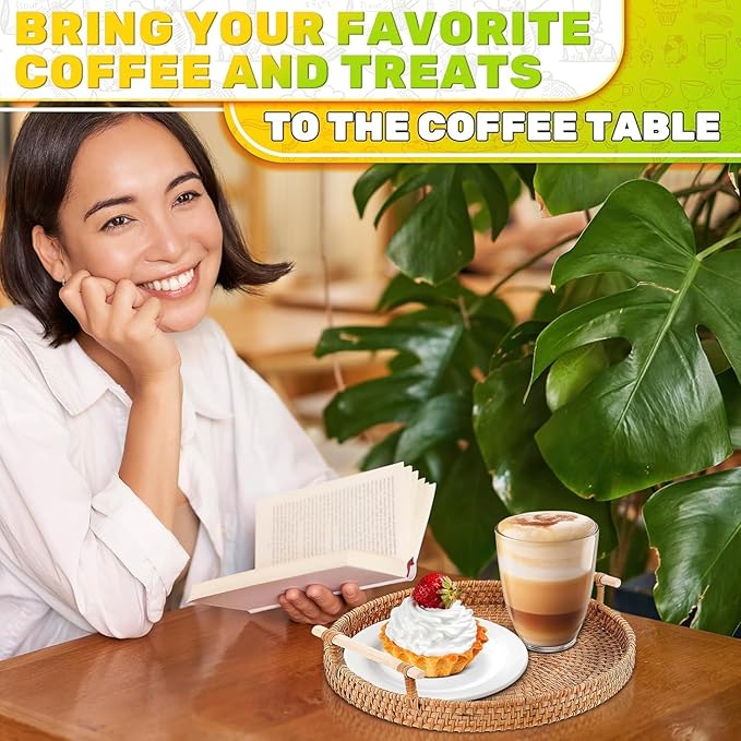 Rattan Tray 8.7-Inch Round – Woven Serving Basket with Handles – Holidays Romantic Decorative Tray for Coffee Table, Bread, Fruit, Vegetables, Restaurant & Home Use Charming Easter Styling Table Decor