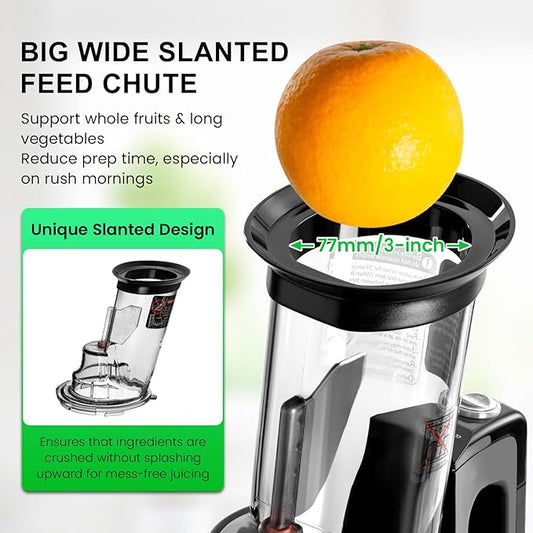 Ventray Cold Press Juicer, 3'' Wide Feed Chute Slow Masticating Juicer Machine for Whole Fruits & Vegetables, 240W Powerful Motor, Easy to Clean, High Juice Yield, BPA Free