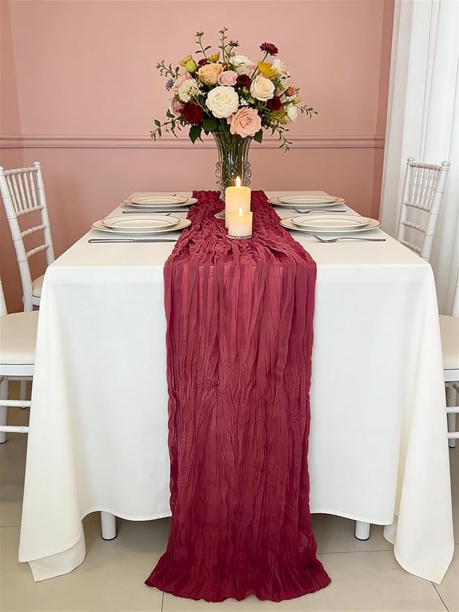 3 Pack Burgundy Cheesecloth Table Runner -17×120 Inch Gauze 10 FT Long Cheese Cloth Table Runners for Bridal Wedding Party Baby Shower Holiday Birthday Home Easter Decor (Burgundy, 3PC)