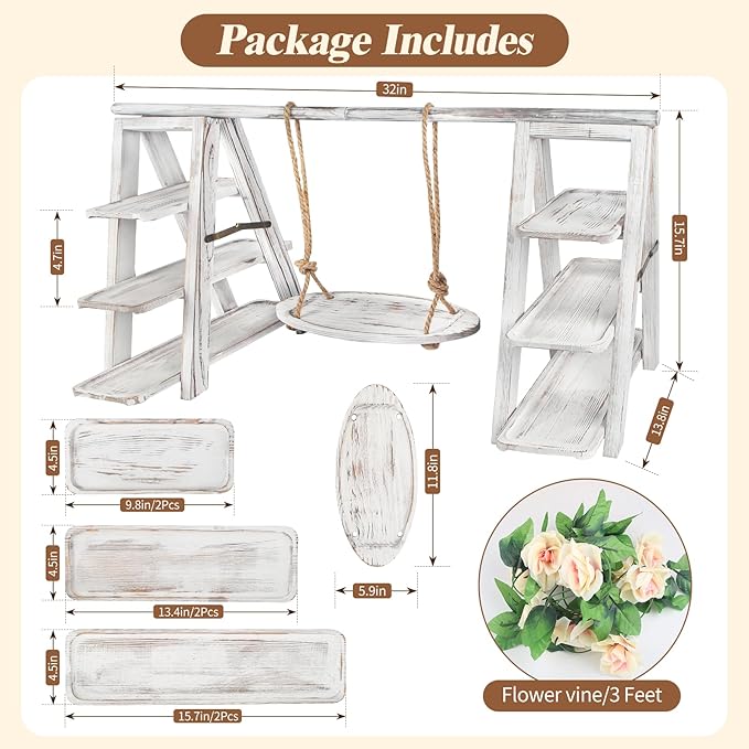 Wooden 3 Tier Cupcake Stand with Swing and Flower Decoration Serving Removable Tray Display Serving Ladder Foldable Stand with Serving Platter Tray Party Food Display Set for Cake Snack Fruit Chips Bread Centerpieces Catering